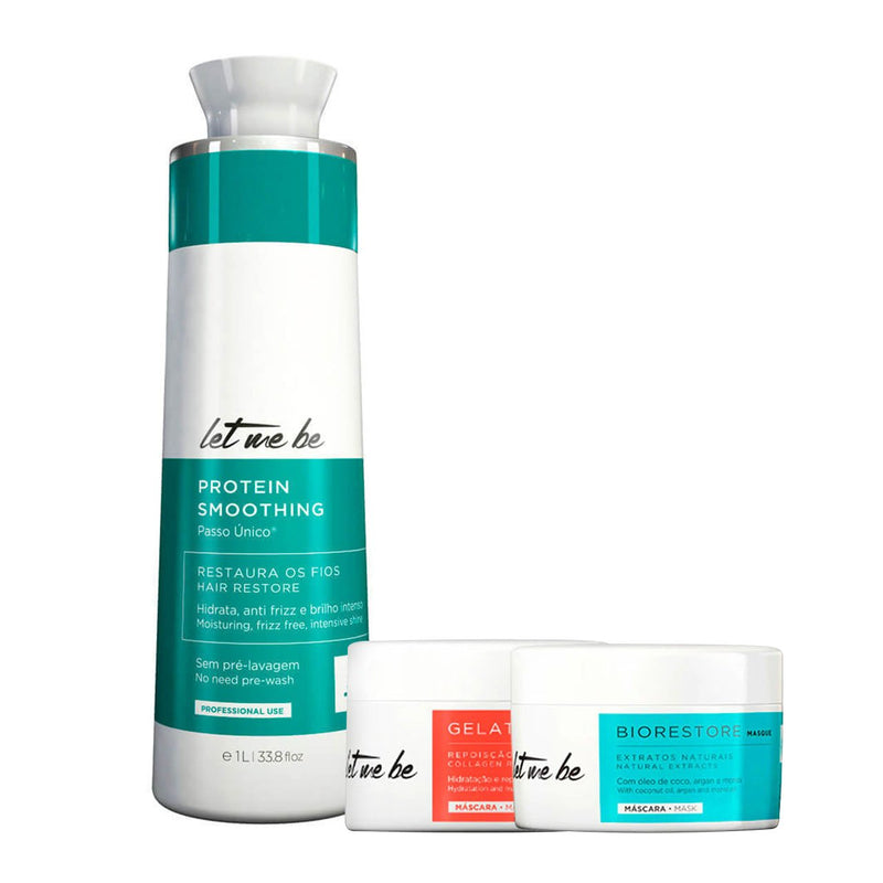 Let Me Be Progressive Protein 1 Litro e Máscara Biorestore + Gelatina Hidratante - Let Me Be | Tratamento de Queratina Brasileira | Escova Progressiva | Sistema Alisador Alisador